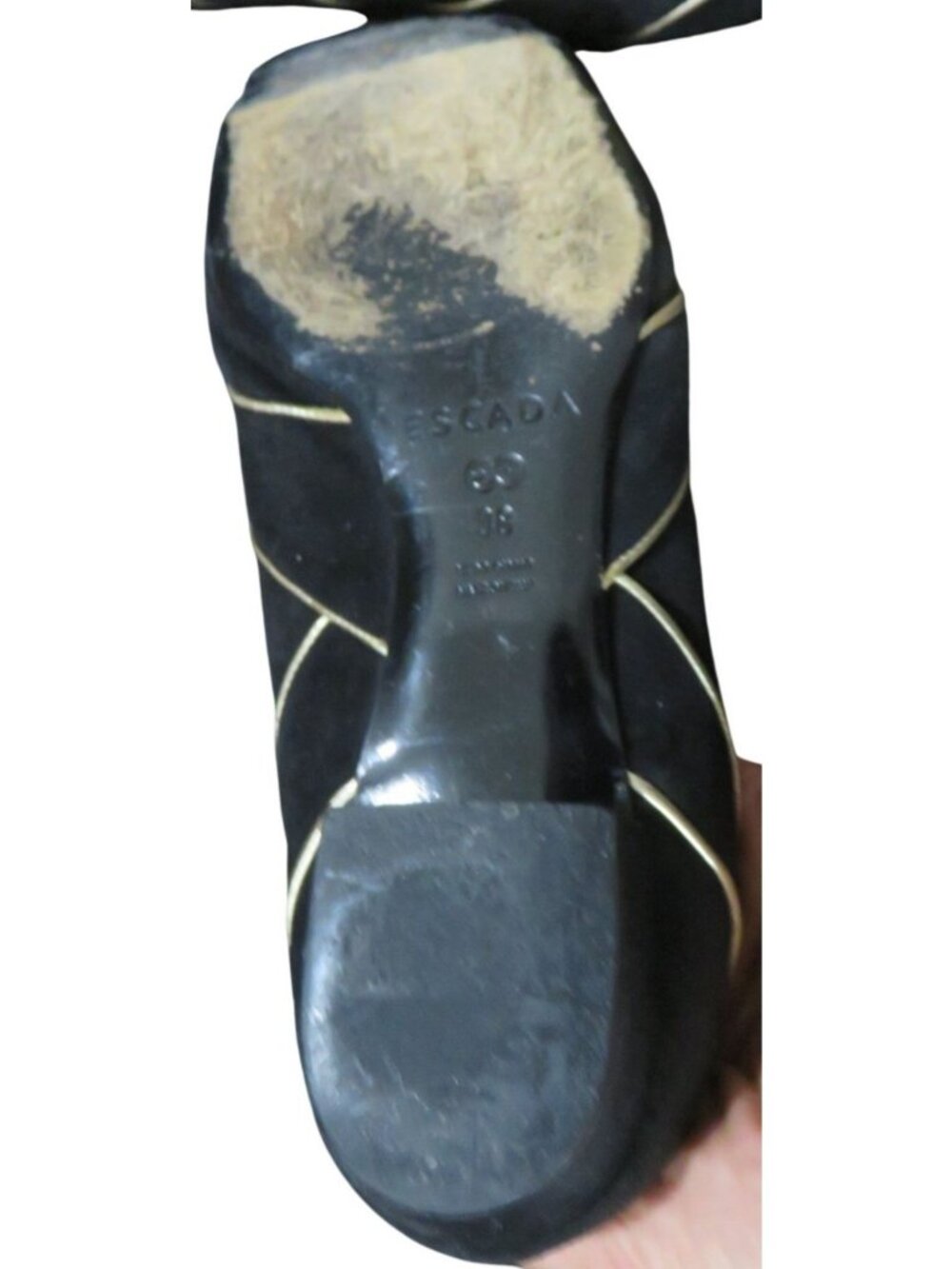 Escada Vintage Black Italian Suede Leather Gold Cone Embellished flats 38 or 8 - Picture 7 of 9